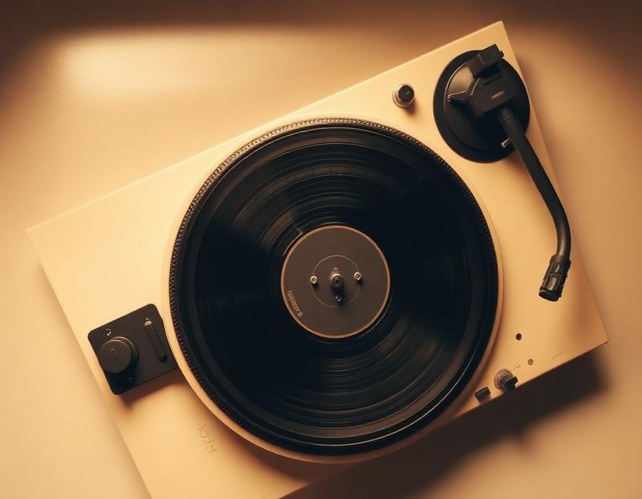 A spinning vinyl record on a turntable